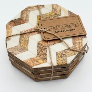 Salt + Umber Mango Wood Coaster‎ Set Geometric Drink Coasters Set of 4 New